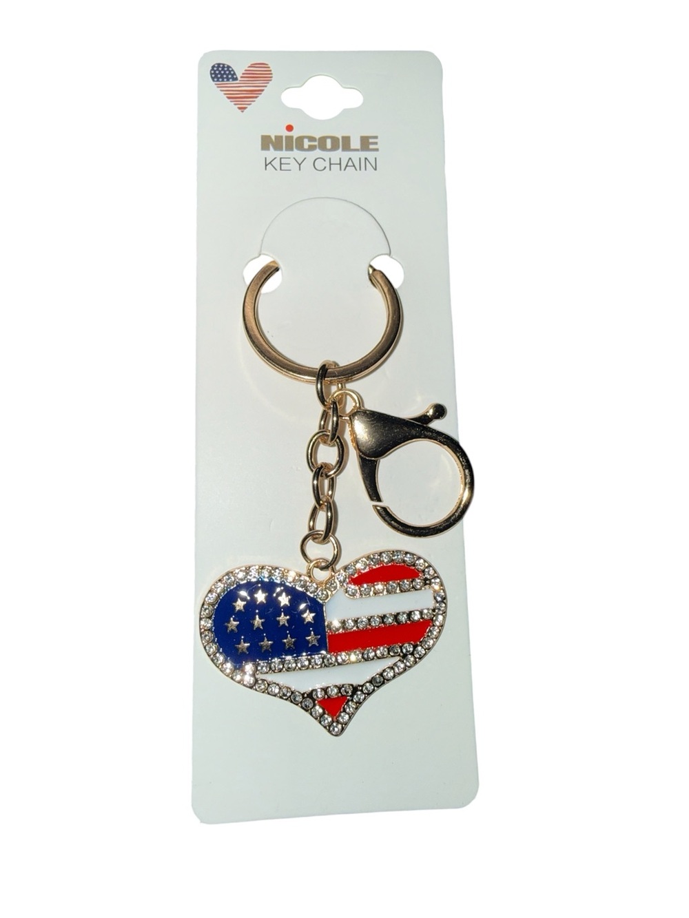 Gold-tone American Flag Heart Key Chain Purse Charm